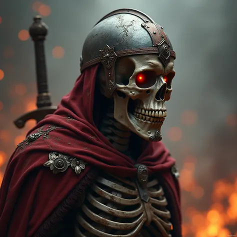 ” Create an ultra-realistic image of a skeleton warrior，with dark and epic details。The skeleton should have cracks and battle marks，look old and worn，But still majestic。It wears a medieval war helmet，Rusty and damaged，with dark metallic details and intrica...