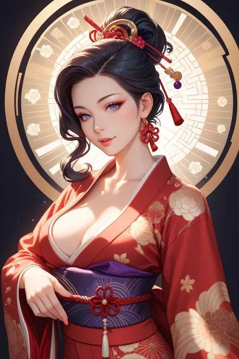 A very sexy asian woman, 27 years old, black hair, big boobs, wearing a sexy silk red kimono with golden accessories, no background, picture in anime style