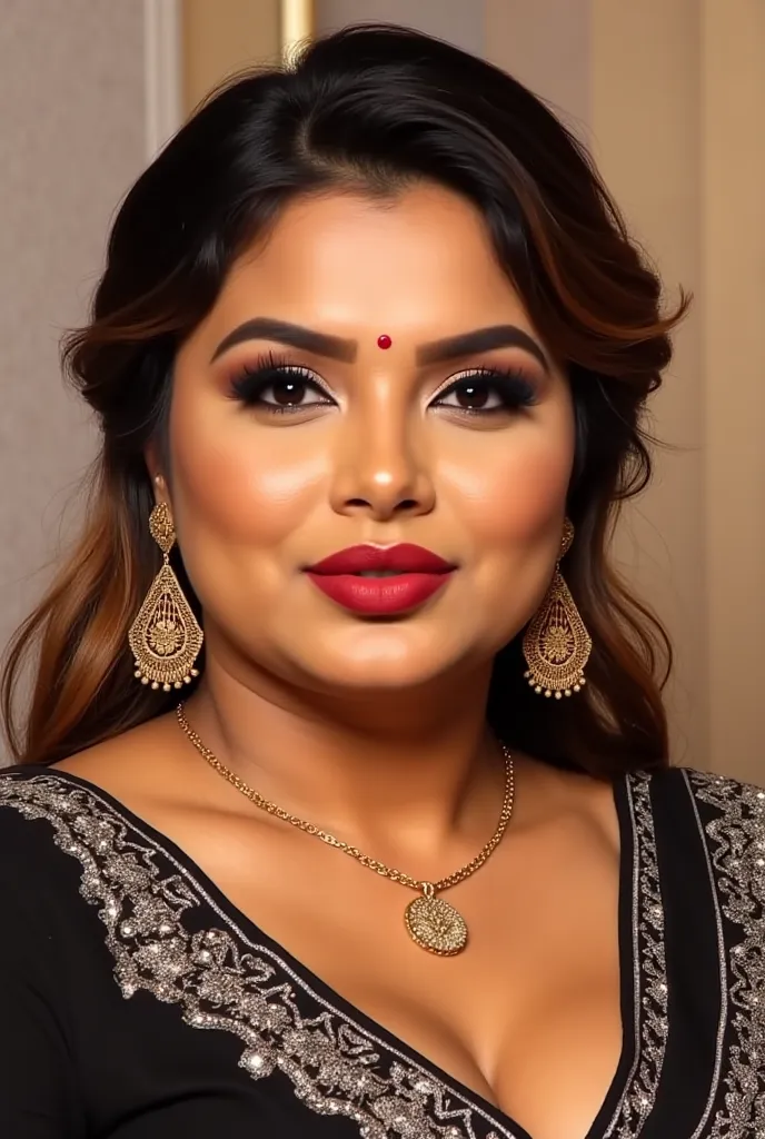 A South Asian plus size (Bengali/Indian) woman with fair, warm-toned skin and a soft, rounded face with high cheekbones. She has large, expressive almond-shaped eyes with dark brown irises, framed by thick, naturally arched eyebrows and long, curled eyelas...