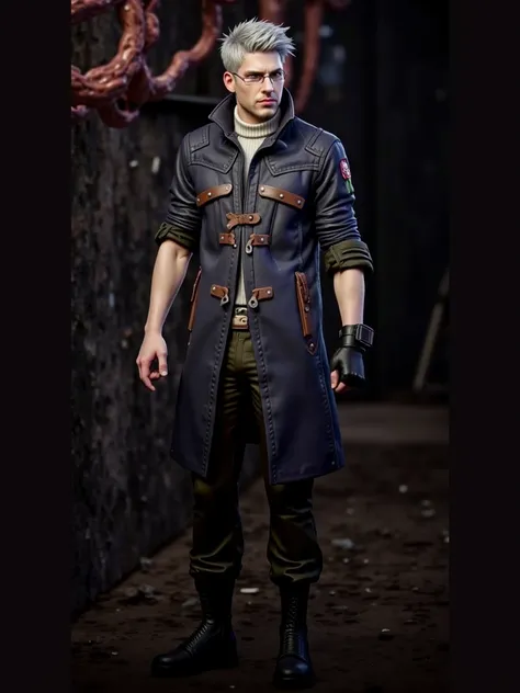 Devil May Cry style,Secret Agent,Tall menacing man, fair skin, voluminous and frizzy black hair,small beard threads, half-open eyes , Small glasses, long military leather jacket in blue with black lines,  white sweater, Military fingerless glove holster, d...