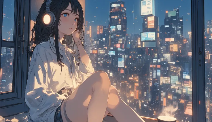 80&#39;s、city pop、Japanese anime、A girl is listening to music on headphones with a cup of coffee by the window、The room is stylish、It&#39;s night outside、Tokyo night view、Images that match lofi music, rain, coffee cup,