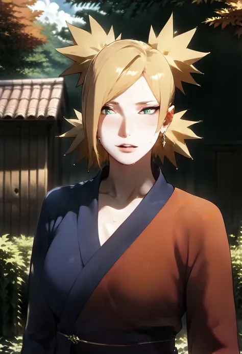 Masterpiece, absurderes , (Intricate details), (Colorful),Cinematic lighting,Bust Up Shot,Extremely detailed Cg Unity 8K wallpaper,Temari\(Boruto\), 1girll, mother Mature female,blue kimono, big hip, big chest, big backside, Sitting, Outdoors, (Falling lea...