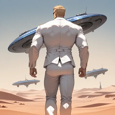 bara, (masterpiece, best quality), (from behind), (1boy, solo), (blonde hair, beard, sunglasses, white suit), male Japanese muscular commander is watching one giant flying disk-shaped machine, in desert, post-apocalypse,