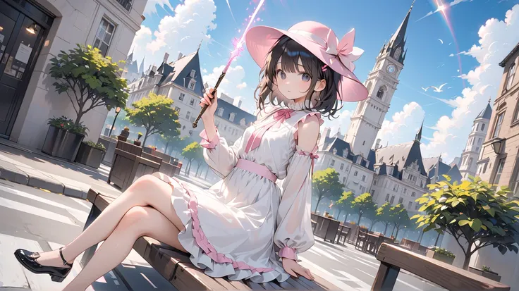 ( best quality ,  high resolution ,  Textured skin , high quality, high detail,  extremely detailed CG unity),One， age girl ， magic 少女，Black short hair，Black Eyes，pink small hat，holding a magic wand，Walking stick ， magic ，cute，Multi-layered ruffles，Lace，Be...