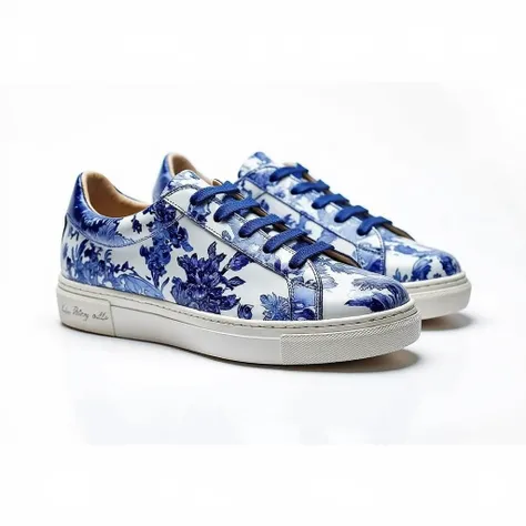 Porcelain sneakers with navy Toile Bouje Chinoiserie print, isolated on a white background 