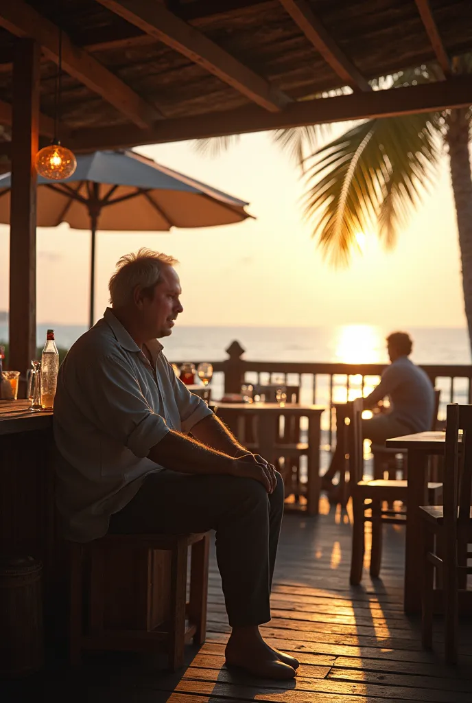 Create image of a man 0 years old at a beach bar