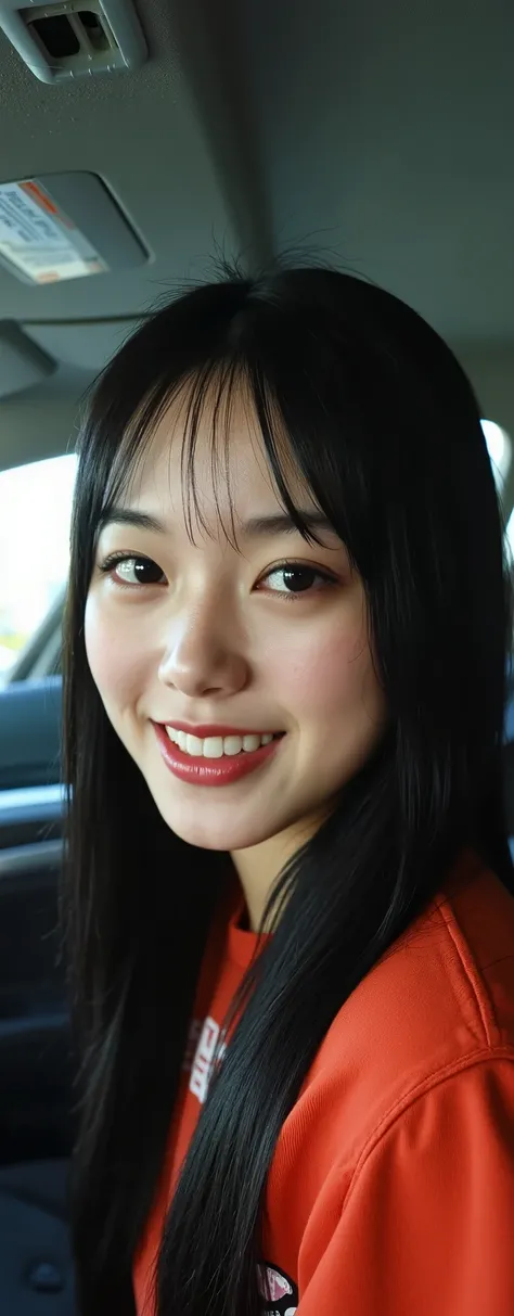 , 1 girl , Selfie, from side, camera distante, foto tirada por uma Canon A490 (A495) , Korean, smile1.0, dentes alinhado, thin , squashed eyes, big eyes, fringe separated on the right side , youthful appearance , black hair , details eyes , iluminação...