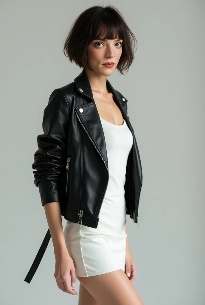  a slender woman in a white dress and a dark leather jacket. She has short shoulder-length hair with bangs.  full body photo 
