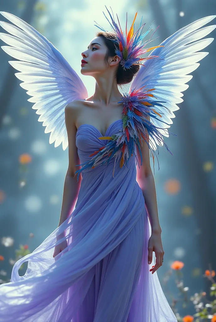 Woman with white and blue silk wings colorful bird feathers on her neck long dress nude lilac dance 