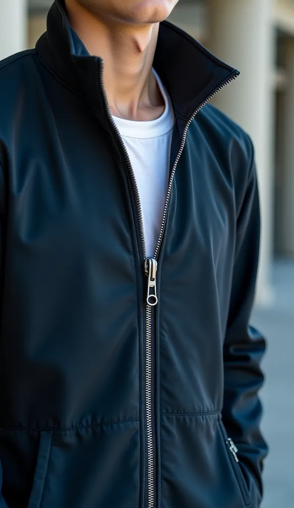 The camera shows the belly of the young man in the jacket closed with a zipper