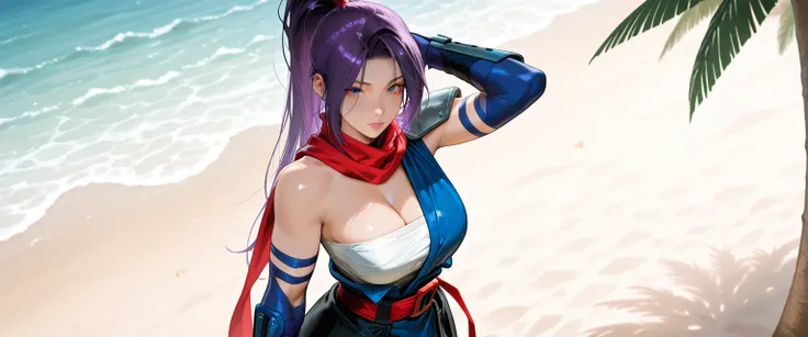  masterpiece,  best quality, newest, 1 ,  looking at the viewer, tiro de cowboy, long hair, ,  shiny eyes, ,   big breasts, lips, relaxing,  psylocke_mvr, blue eyes, purple hair,  blue eyes, red scarf, japanese clothes, chest sarashi, kimono, sash, red bel...