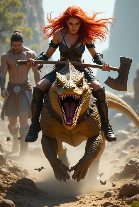 Red-haired fighting woman with an ax in her hand riding a war lizard. In the background, an attractive male warrior with a naked torso. Fighting fantasy style.