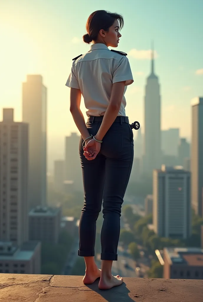 Female police officer standing full length visible bare feet arms crossed behind her wrists wrapped in rope side view cityscape sunny day