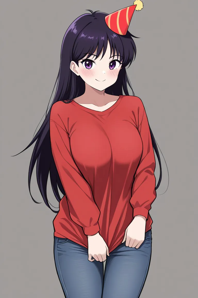 1 girl, solo, obra maestra, mejor calidad, SMiLE, LONg hair, blush face, Black hair, medium boobs, Hino Rei, blank BACKGROUND, simple backgrond, red blouse, long sleeves, LOOKiNG AT VieweR, party horn, wearing birthday hat, 