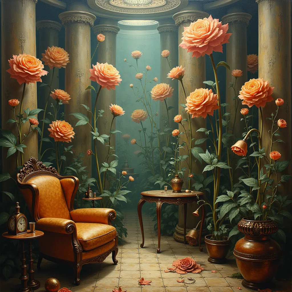 surreal and abstract painting of a mysterious ancient art deco room with mechanical flowers made of steampunk machinery, classic art, dreamy, surreal, photorealistic, magical, esoteric, occult, symbolism