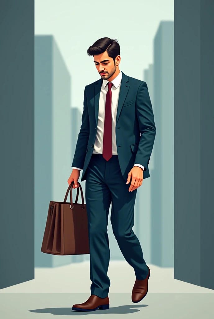 Make vector illustration of Pakistani full man walking wearing office suit and wearing office bag strap one shoulder and sad looking on mobile screen on other hand. and dull environment in complete vector illustration