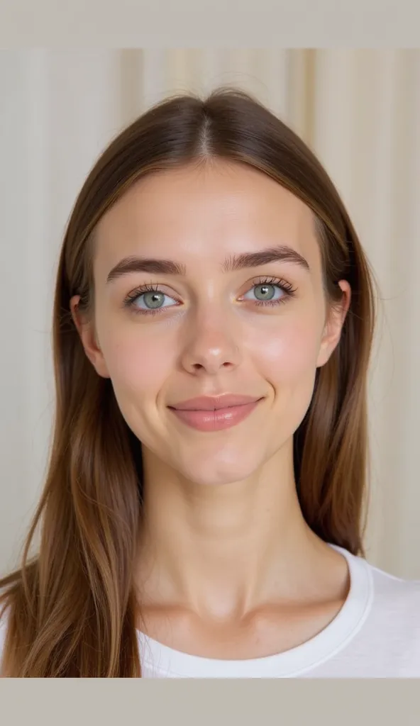 A portrait of an 18-year-old white woman with smooth fair skin, long straight brown hair, and bright green eyes. She has soft, youthful features, with a gentle smile and a calm, confident expression. Her makeup is minimal, enhancing her natural beauty. The...