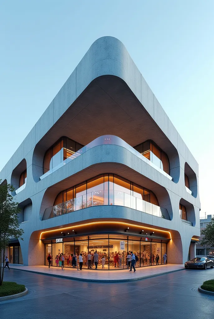 It generates the image of a shopping plaza type building on two levels, inspired by retrofuturistic architecture and brutalist architecture with a roof flying upwards 