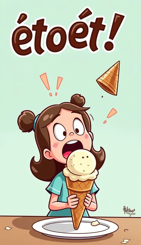 A  holding an ice cream cone, shocked as the scoop falls onto the floor, her hands still frozen in mid-air, text 'Étôét!' above her head, cartoon-style.