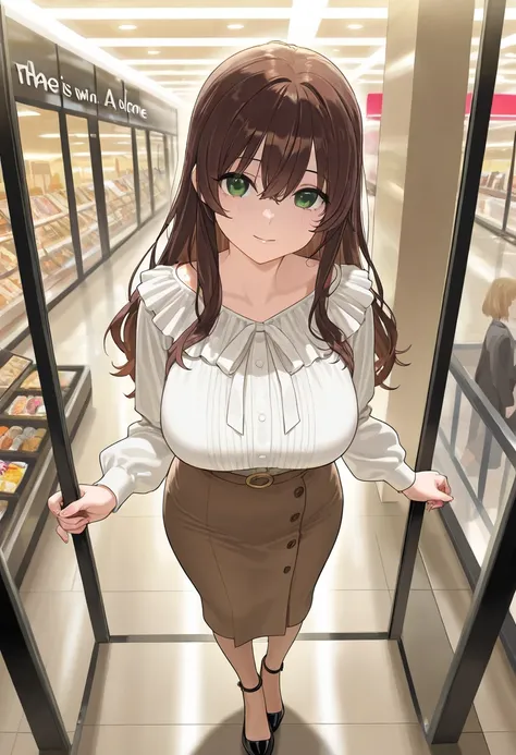 A high school girl with long, wavy dark brown hair and green eyes. She is wearing a white ruffled blouse and a brown skirt. She wear a black heels. The setting is a mall with soft lighting. She has a curvy, busty, and voluptuous figure. The image should be...