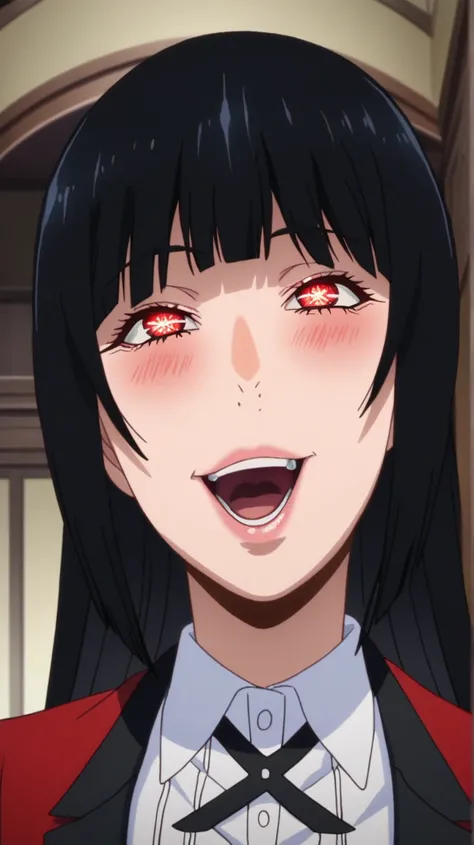 score_9, score_8_arriba, score_7_arriba,   source  _animated, 1 girl, Alone , indoors, day, Jabami Yumeko, red eyes, black hair,  long hair, blows, big breasts, red blazer,  white shirt, looking at the spectator,  eye contact with the spectator,  smile, (p...