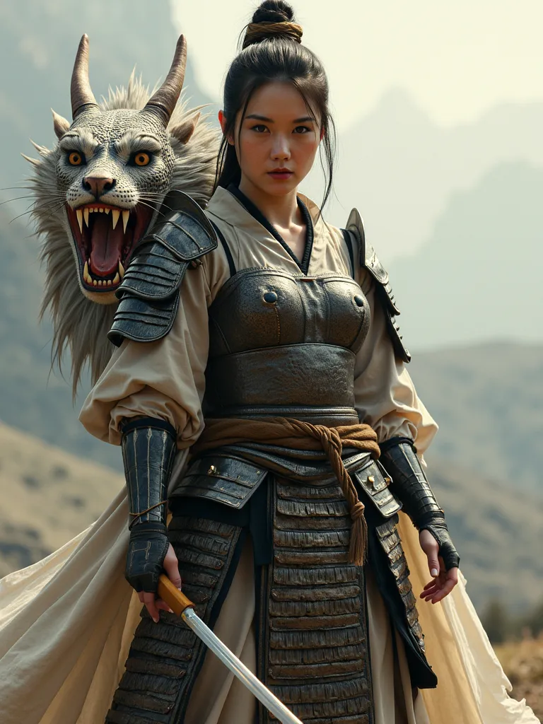 A fierce Japanese warrior woman with her snarling pet dragon. Soft palette.  captivate the viewer and transport them to a world filled with depth and emotion.