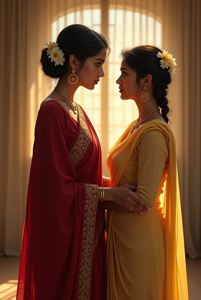 Shama stands close to Nirmala, her expression serious and protective. She wears a deep red saree with gold embroidery along the edges, her hair neatly styled in a low bun with jasmine flowers. Her gold jewelry gleams, including large earrings and a delicat...