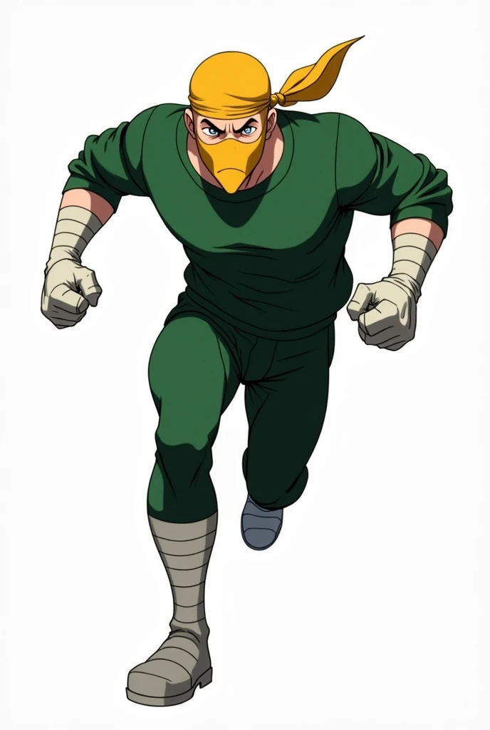 Marvels ironfist, in yellow nose mask and yellow doorag,, in green sweat shirt with white tactical gloves and taped forearms, running in distres and panic, full body image, isolated on white background, anime style,