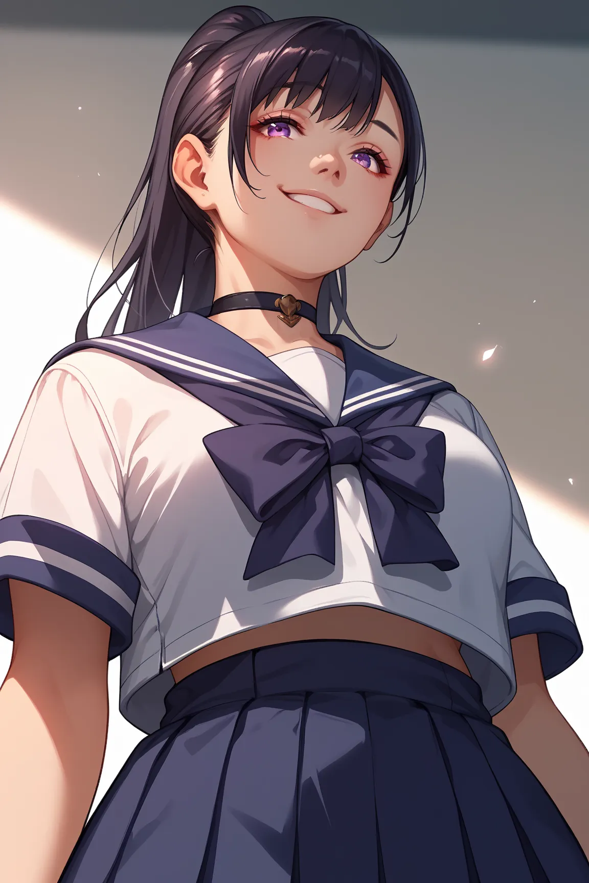 
alone,
yuitachibana,   1girl   ,black hair,ponytail,purple eyes,
 blue sailor suit　miniskirt　smile　Standing woman　choker　taken from below