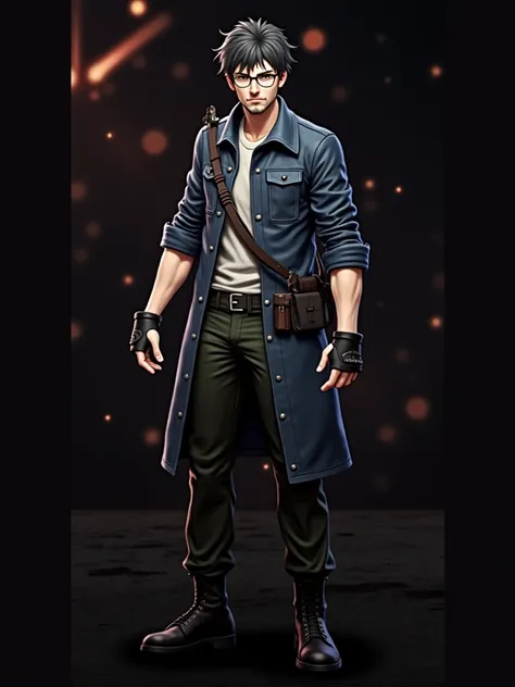 anime style,Secret Agent,Tall menacing man, fair skin, voluminous and frizzy black hair,small beard threads, half-open eyes , Small glasses, long military leather jacket in blue with black lines,  white sweater, Military fingerless glove holster, dark gree...