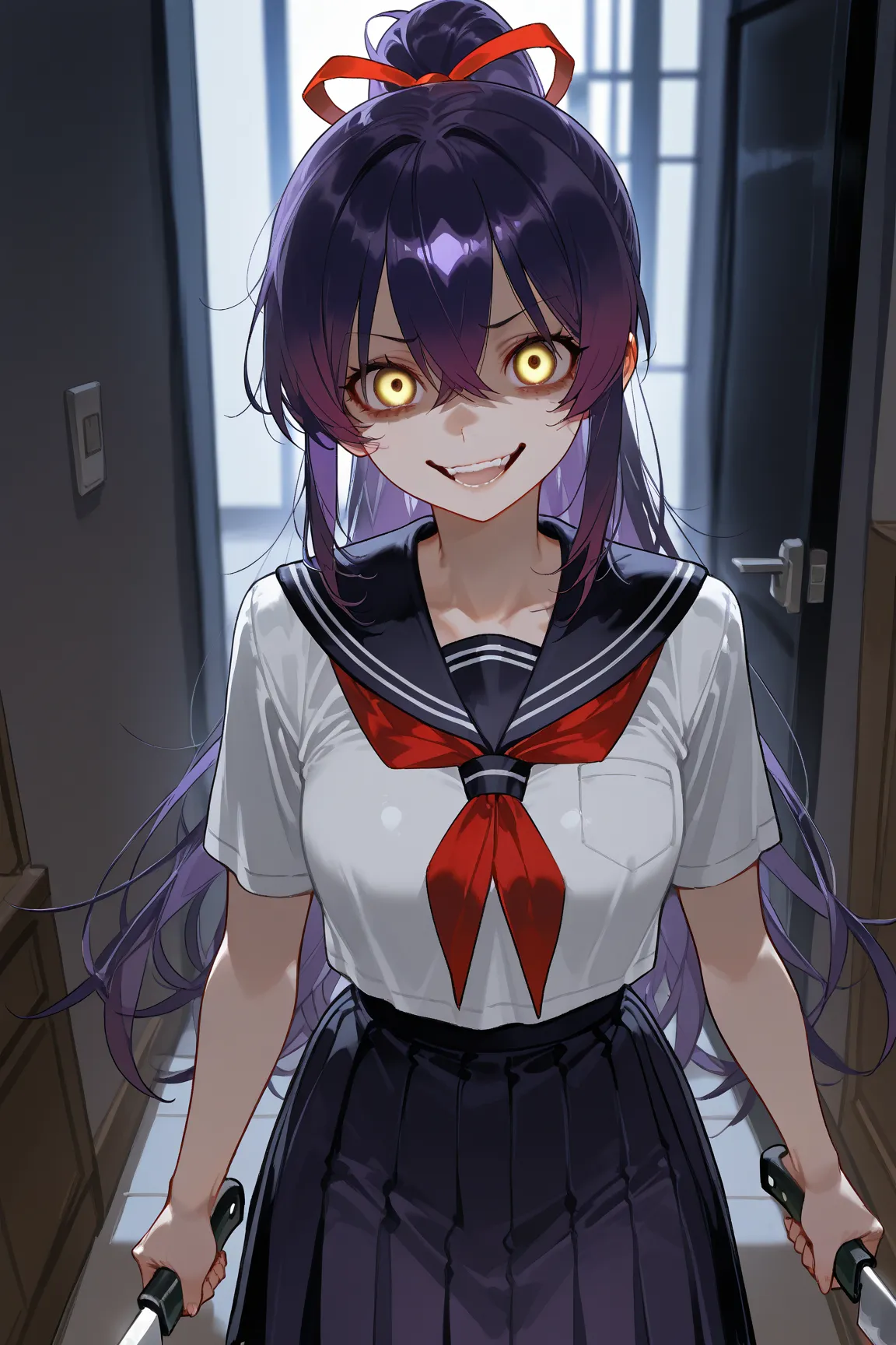 Yandere Girl, Dark purple hair, It's a ponytail, japanese school uniform, bright gold eyes, Holding a show knife, sporty, High Profile, 4K, Horror, Scary Head,  smiling psycho