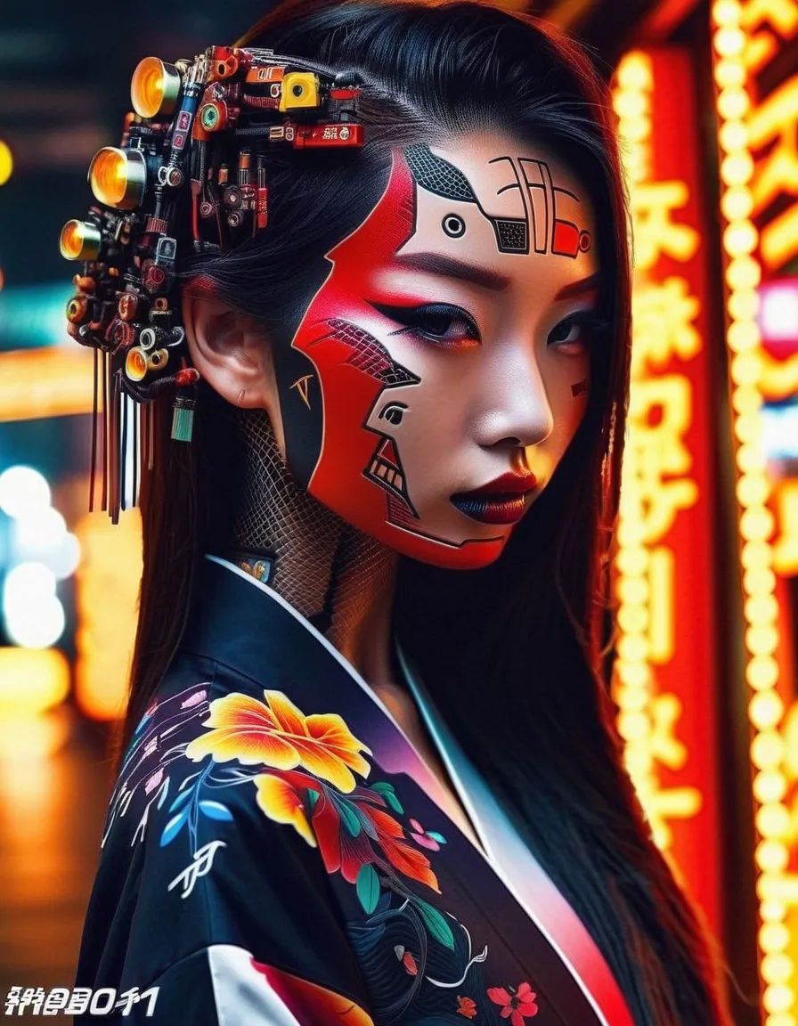 high tech,  futuristic , cyborg girl , (photo real istic:1.4), Long hair made of cables, robotics, lots of computer cables behind, ultra high res, UHD , 8k,   fluorescent light  ,  Japanese culture ,  kimono, japanese demon

asianbeauty、8k、4K、 real 、 reali...