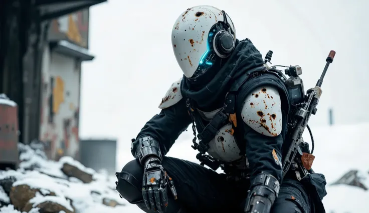 Recypu style, Cyberpunk highly detailed, high-resolution photograph. A futuristic, armored warrior crouching on a gritty, desolate snow-swept plain. The subject's head is covered by a sleek, metallic plain helmet that obscures the face, giving an ominou...
