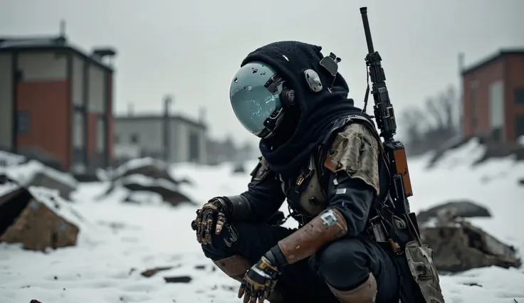 Recypu style, Cyberpunk highly detailed, high-resolution photograph. A futuristic, armored warrior crouching on a gritty, desolate snow-swept plain. The subject's head is covered by a sleek, metallic plain helmet that obscures the face, giving an ominou...