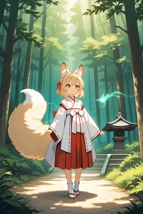 A girl wearing a shrine maiden costume with fox ears and tail