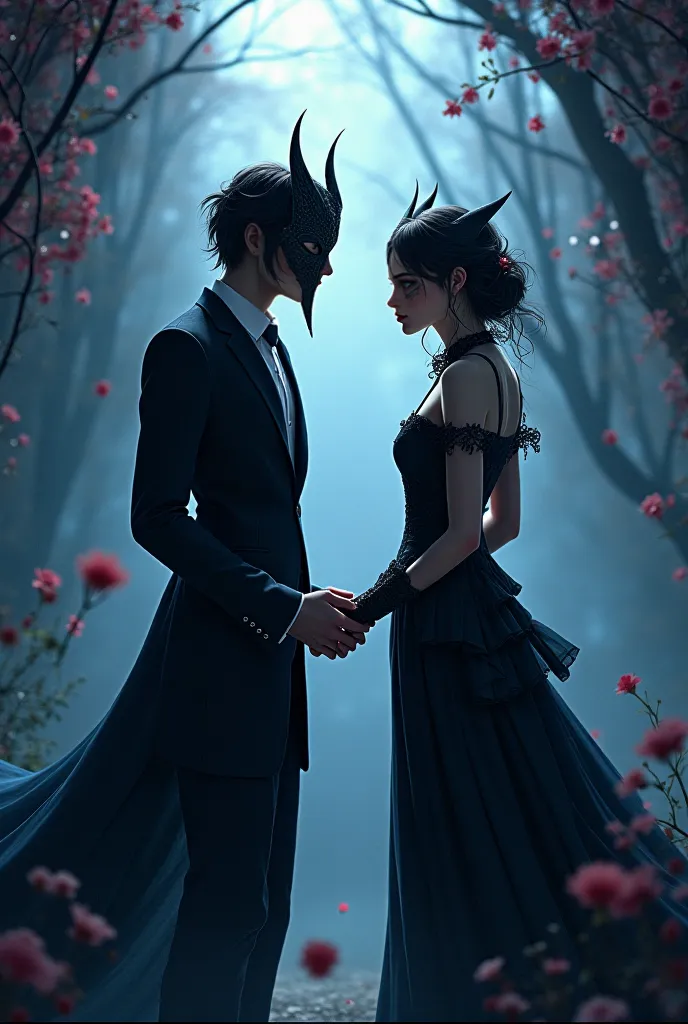 Two figures, elegant and mysterious as they appear from a dark fantasy masquerade, stand in soft, anime-style lighting. Their masked faces add an intriguing and romantic air of secrets