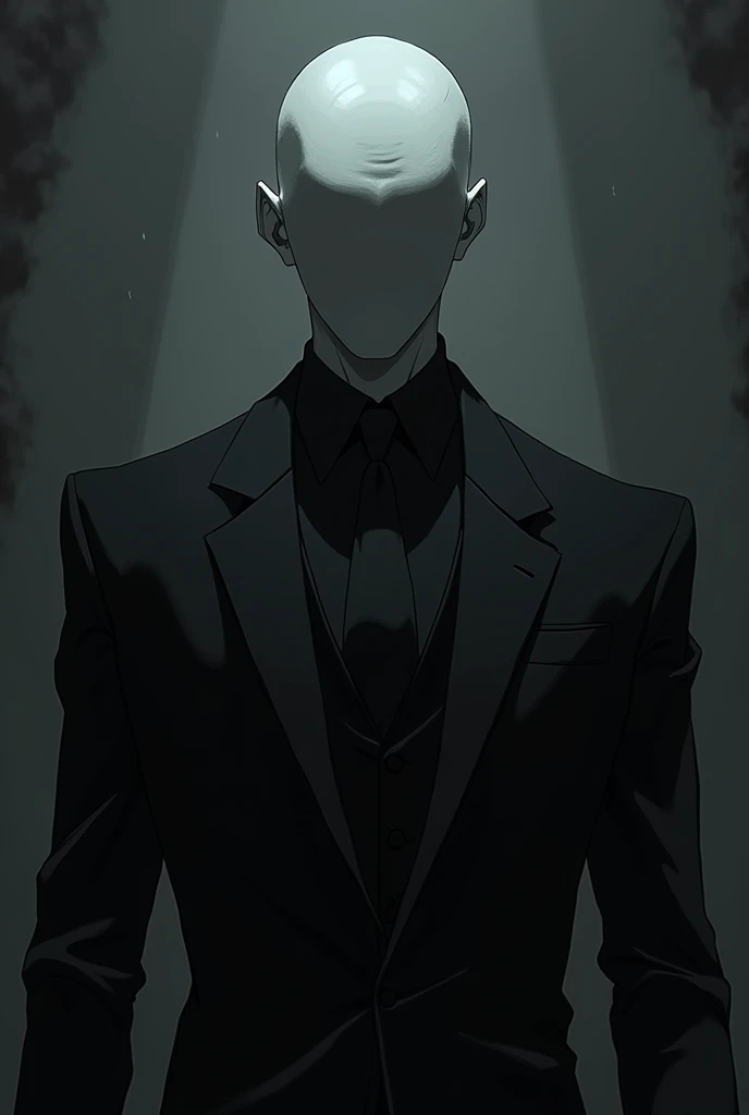 He's supposed be faceless, bald and anime villian looking character who has no ears, has a gray skin colour and a black suit. 