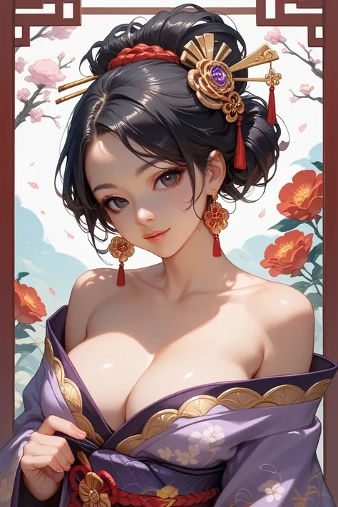 A very sexy asian woman, big dark eyes, 27 years old, curly black hair, Japanese traditional hairdo, big boobs, wearing a sexy silk violet kimono with golden accessories, no background, picture in anime style