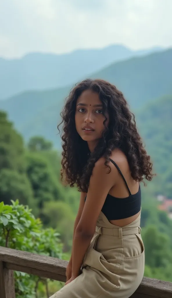 Aaravi exploring a picturesque hill station, with lush green landscapes and scenic views in the background. She’s dressed in casual travel attire, enjoying the serene environment.. detailed face and eyes, high quality, 8k, photorealistic, dramatic lighting...