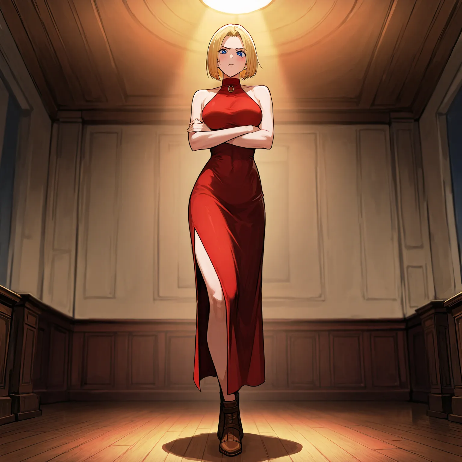  masterpiece, Highest quality, indoors, cinematic lighting, great image quality, very aesthetic, Absard dress , Highest quality, Blue Mary, main outfit, Alone, full body,  with my arms crossed, indoors, tsundere,    