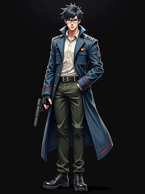 anime style,Secret Agent,Tall menacing man, fair skin, voluminous and frizzy black hair,small beard threads, half-open eyes , Small glasses, long military leather jacket in blue with black lines,  white sweater, Military fingerless glove holster, dark gree...