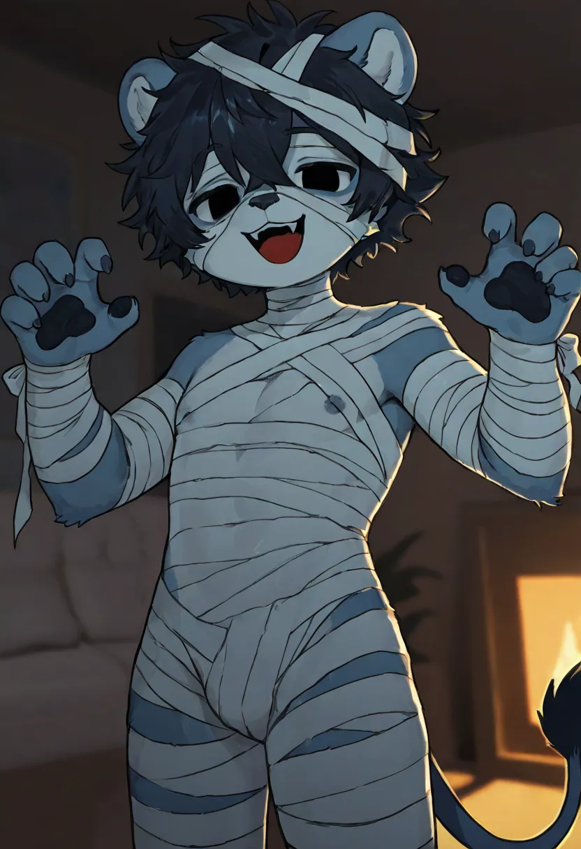 source_ furry， furry male，elementary school students，((boy )),lion boy ,short hair,masterpiece, newest,absurdres, incredibly absurdres,  messy hair, cute anthro, Alone, open mouth, empty eyes, smug,
LemonMummy,  mummy costume, bandaged head,nipple，
claw po...