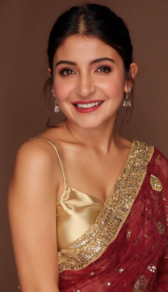 Generate a close up half body frontal image of a woman in a sleeveless transparent maroon saree. The satin blouse is golden colour has mirror sequins with satin finish. the blouse has a spaghetti strap which is off shoulder in one side. Sharp focus to the ...