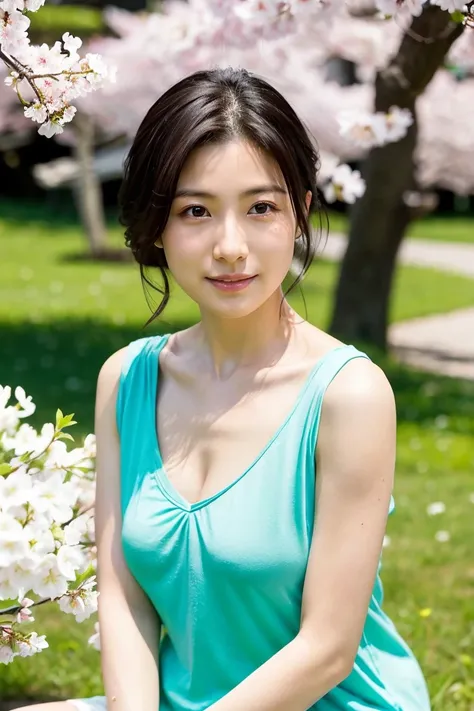 「A 35 year old cute Japanese woman。has dark hair up to her shoulders blowing in the wind、Has a slightly sexy expression on her face。She has small breasts、Wears a white T-shirt and miniskirt casually。At the spring park、She sits under cherry blossoms in full...