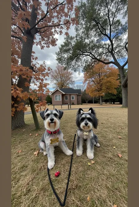 Raise two Schnauzer dogs, one with fur tied at the top of her head with a bow, very furry ears and paws in light gray and white, red spikes gold necklace with gold bone-shaped pendant written Mona, The other with two hair tied on the top of the head with t...