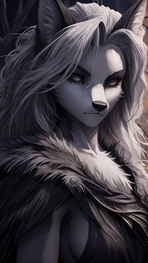 Loona from hell, Shewolf, adult adult,     white hair    ,   gray eyes, as Malenia, blade of Miquella (  Elden Ring), large,   detailed, Alone,   beautiful, And deadly, dark, Anime-Series, 4K