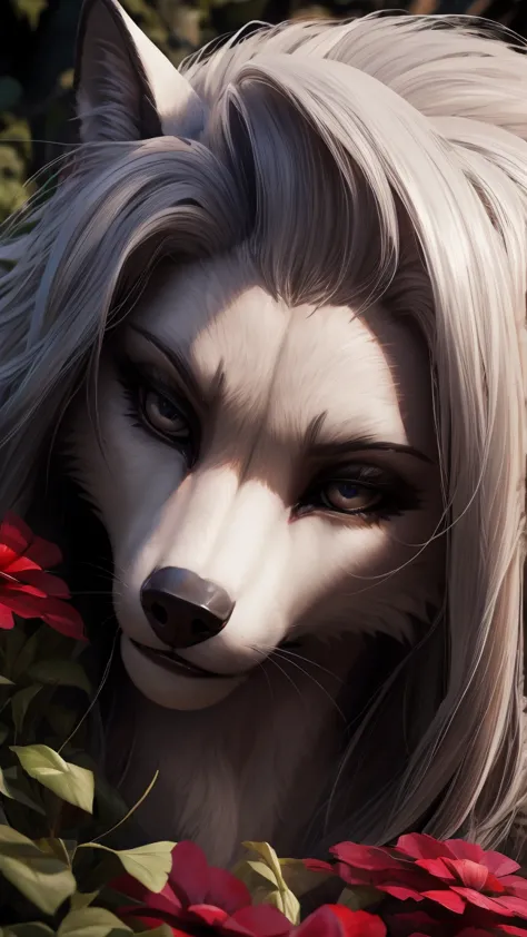 Loona from hell, Shewolf, adult adult,     white hair    ,   gray eyes, as Malenia, blade of Miquella (  Elden Ring), large,   detailed, Alone,   beautiful, And deadly, dark, Anime-Series, 4K