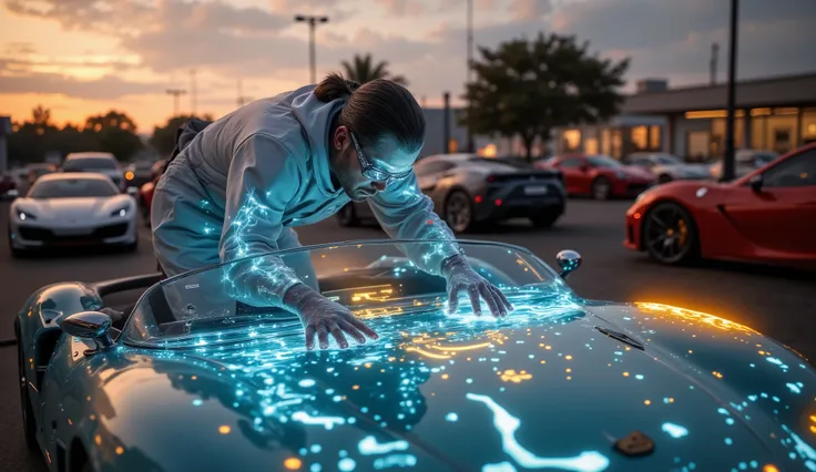 Daniel LaRusso ,  old boy, waxing a futuristic but old car, type Porsche.  Very detailed foreground . He wears futuristic work clothes. Exterior image at dusk. When you run your hand with wax, holograms appear on the surface of the car. Parking lot full of...