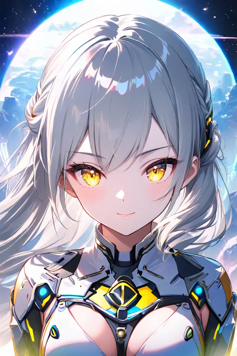 Silver Haired Girl　Age 15　 white skin　side tail hairstyle　 yellow eyes　　cool　Calm　Smile　 anime　comics　heroine　medium breasts　　One person　 perfect finger　Perfect Anatomy　　　swimsuit　