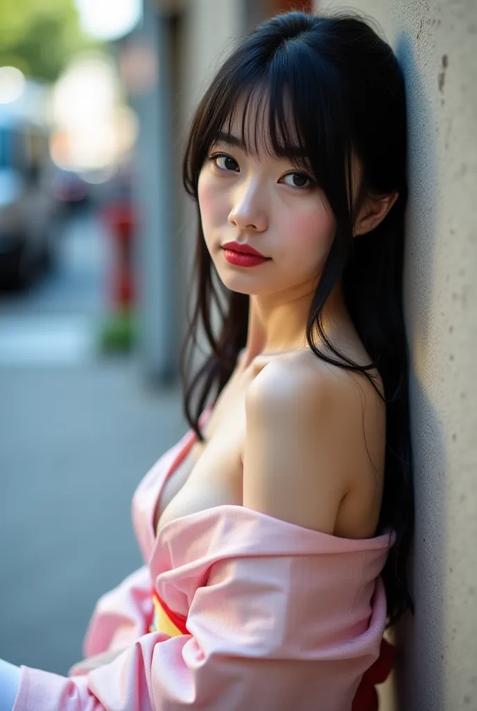 seductive Japanese, black hair, black eyes, light lipstick on her lips, wearing a silk kimono, one shoulder bare, white over-the-knee stockings, leaning with her back against a wall on the street, innocent expression